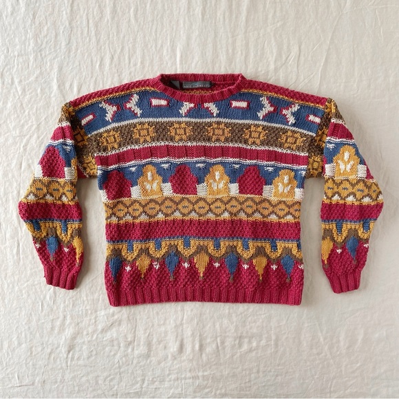 Vintage retro pattern oversized knit crew sweater linen cotton blend - Picture 5 of 7